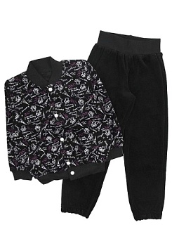 Состав:
Велюр
Хлопок 100%
	Велюровый костюм. Состоит из 2 предметов (кофта на кнопках + штаны) На штанах и кофте есть манжеты.