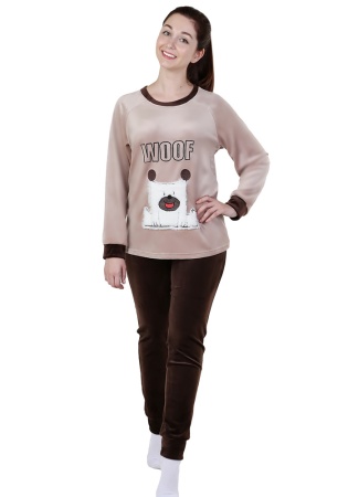 Состав:
Синтетический велюр
Полиэстер 100%
	Костюм состоит из толстовки и брюк. Толстовка полуприлегающего силуэта с длинным рукавом-регланом на манжете. Круглая горловина обработана обтачкой. На полочке вышивка-аппликация. Манжеты и обтачка горлов