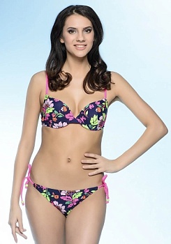 Состав:
Эластичное полотно
ПА 80%,
ПУ 20%
	Купальник раздельный состоит из бюстгальтера и трусов. Бюстгальтер классической формы с формованной чашкой с Push-up для размеров 70AB, 75ABC, 80B и без Push-up для размеров 70C, 75DE, 80CD. Детали бюстга