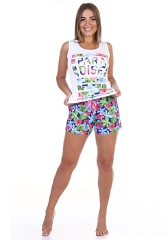 Состав:
Шорты:
Хлопок 100%, 
Майка:
Хлопок 95%,
Лайкра 5% 
	Костюм состоит из  шорт и майки. Майка облегающего силуэта, шорты укорочены.