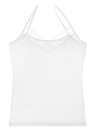 Состав:
Хлопок 95%
Эластан 5%
      Женская майка белого цвета на тонких бретельках. Спереди украшен кружевной вставкой. 