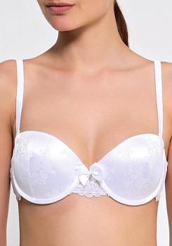 Состав:
Атласное полотно
ПЭ 97%,
ПУ 3%
Эластичное кружево
ПА 90%,
ПУ 10%
	Бюстгальтер-балконет с Push-up для размеров 70АВ,75АВС,80В и без Push-up для остальных размеров. Выполнен из белого атласа с цветочным узором. Передняя деталь декорирован