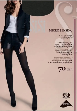 Состав:
Полиамид 93%
Эластан 6% 
Полипропилен 1%
     Sisi MICROSENSE 70 ден эластичные очень плотные (70 DEN) колготкиI. Изготовленные из микроволокна (микрофибра). Для сезона ношения осень- зима. Непрозрачные, с мягким бархатистым эффектом. Колготки с