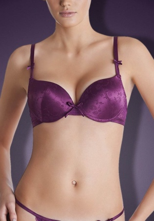 Состав:
Атласное полотно
ПЭ 97%,
ПУ 3%
Кружево
ПА 90%,
ПУ 10%
	Бюстгальтер классической формы с формованной чашкой с Push-Up для размеров 70AB, 75ABC, 80B и без Push-Up для размеров 70C, 75DE, 80CDE, 85BCD. Детали бюстгальтера выполнены из жакк