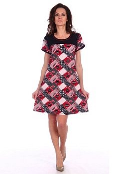 Состав: 
Кулирка 
Хлопок 100% 
	Летняя туника   расклешенного  силуэта, длиной чуть выше колена.  По переду кокетка и карманы. Спинка без особенностей.  Рукав втачной, короткий.  Горловина и низ рукава окантованы.  Туника выполнена из  материалов –