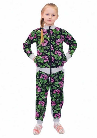 Состав:
Футер двунитка
Хлопок 100%
	Костюм для девочки. Состоит из 2 предметов (куртка на молнии, на рукавах манжеты + штаны на резинке, на ножках манжеты).