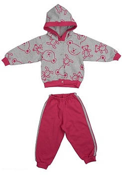 Состав:
Футер 
Хлопок 100%
	Костюм спортивный. Состоит из 2 предметов (куртка на кнопках, с капюшоном, на рукавах манжеты + штаны с лампасами, на ножках манжеты).
