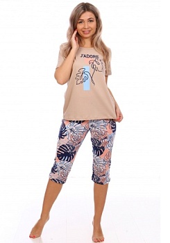 Состав:
Кулирка
Хлопок 100%
     Женская пижама с бриджами. Футболка однотонная, спереди украшена рисунком. Бриджи выполнены из принтованного полотна. 

Обратите внимание: расцветка товара на сайте может отличаться от фактической расцветки. Опт