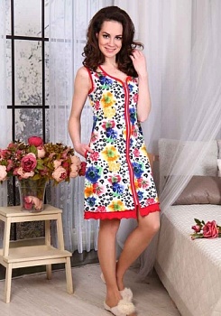 Состав:
Кулирка 
Хлопок 100%
	Яркий женский халат без рукавов, с карманами, застегивается на молнию по всей длине изделия. 