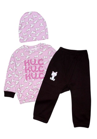 Состав:
Интерлок 
Хлопок 100%
	Комплект для малыша, состоит из кофты, штанишек и шапочки. 