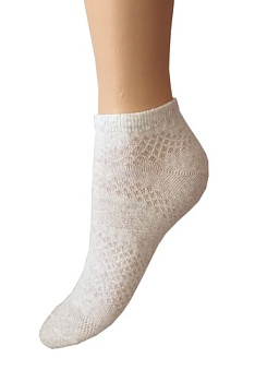 Состав:
Хлопок – 73%
Лён – 12%
ПА – 10%
Эластан – 5%
     Носки летние укороченные женские с перфорацией по всему изделию.