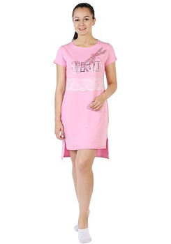 Состав:
Хлопок 90%
Лайкра 10%
	Платье полуприлегающего силуэта с коротким втачным рукавом, круглой горловиной, ассиметричным низом и небольшими боковыми разрезами. На полочке в средней части изделия расположено широкое кружево-стрейч. На рукавах по