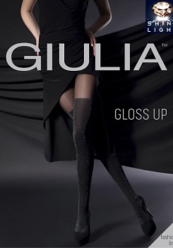 Состав:
Полиамид 84%
Эластан 11%
Люрекс 5%
	Фантазийные колготки с оплетенным эластаном, плотностью 60 ден, с широким комфортным поясом, ластовицей и плоским швом. У модели прозрачный верх, а снизу имитация плотных ботфортов 