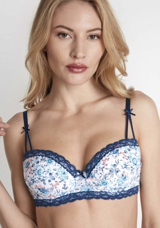 Состав:
Эластичное полотно
ПА 85%,
ПУ 15%
Кружево
ПА 90%,
ПУ 10%
	Бюстгальтер формы Т-Shirt на косточках, выполнен из эластичного принтованного полотна и узкого кружева. Формованные чашки без Push-up для всех размеров. Центральная деталь декори