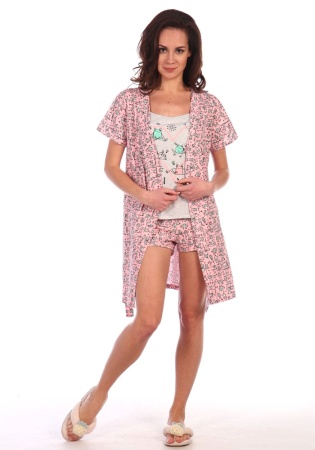 Состав: 
Кулирка
Хлопок 100%
Топ:
Хлопок 50%
ПЭ 50%
	Женский комплект с халатом, майкой и шортами. 

Обратите внимание: расцветка товара на сайте может отличаться от фактической расцветки. Оптовый склад оставляет за собой право поставить т