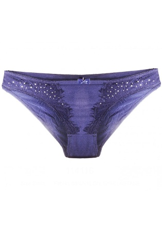Состав:
Нейлон 88%,  
Эластан 12%
	Женские трусики синего цвета, с кружевом, декорированы стразами.