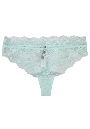 Состав: 
Нейлон 95%
Эластан 5% 
     Нежные женские трусы-стринги из кружева мятного цвета. 