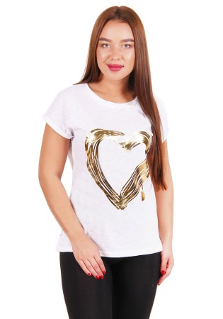 Состав: 
Кулирка
Хлопок 100% 
	Футболка женская, полуприлегающего кроя. С модным принтом
Обратите внимание: расцветка товара на сайте может отличаться от фактической расцветки. Оптовый склад оставляет за собой право поставить товар любого цвета,