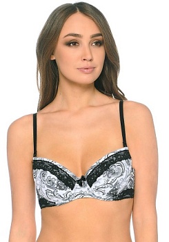 Состав:
Полотно
Хлопок 95%,
ПУ 5%
Эластичное кружево
ПА 90%,
ПУ 10%
	Бюстгальтер T-Shirt с формованной чашкой со съёмными Push-Up вкладышами. Детали бюстгальтера выполнены из принтованного эластичного хлопкового полотна и узкого кружева. Центра