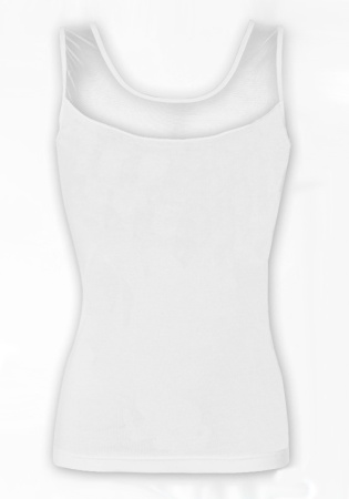 Состав:
Хлопок 95%
Эластан 5%
	Женская майка на широких бретельках, украшенная U-образной прозрачной вставкой.