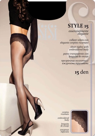 Состав: 
Полиамид 91%,
Эластан 9% 
	Прозрачные матовые колготки с лайкрой, плотностью 15 ден, однородные, формованные, с ажурными трусиками-бикини и ластовицей, невидимый носок.