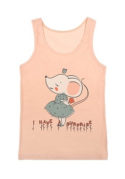 Состав:
Хлопок 95%
Эластан 5%
	Детская майка для девочки на широких бретелях. Спереди украшен рисунком. 