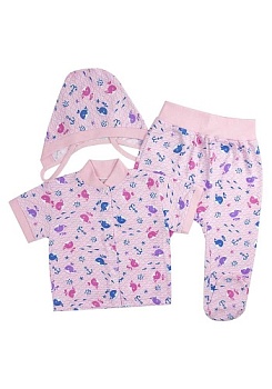 Состав:
Кулирка
Хлопок 100%
	Комплект ясельный. Состоит из трёх предметов (ползунки + кофточка + чепчик).