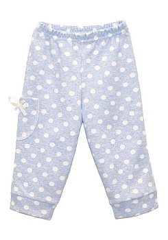 Состав:
Интерлок
Хлопок 100%
	Штанишки для девочки из тонкого мягкого интерлока спокойных расцветок голубого, розового и серого оттенка в белый горошек, с белым атласным бантиком на кармане.