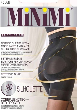 Состав: 
Полиамид 82%,
Эластан 18%
	Эластичные колготки плотностью 40 ден, с завышенной талией, с моделирующими шортами-корсетом плотностью 140 ден на силиконовой основе, утягивающими живот и бедра, с эффектом PUSH UP. Обладают более серьезной степ