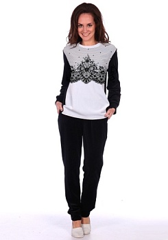 Состав:
Велюр
Хлопок 80%
Полиэстер 20%
	Женский тепый костюм из велюра. Кофта с длинным рукавом, украшена спереди рисунком, брюки выполнены из однтонной ткани.  

Обратите внимание: расцветка товара на сайте может отличаться от фактической рас