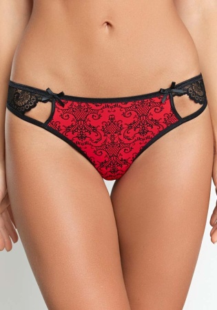 Состав:
Эластичное полотно
ПА 85%
ПУ 15%
Кружево
ПА 90%
ПУ 10%
Ластовица
Хлопок 100%
	Трусики-стринг выполнены из эластичного принтованного полотна и контрастного кружева. Передняя деталь декорирована двумя бантиками и декоративными вырезами.