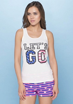 Состав: 
Хлопок 95%,
ПУ 5%
	Пижама из эластичной хлопковой ткани, состоящая из майки и шорт. 
Майка декорирована ярким неоновым принтом спереди. 
Шорты с поясом на эластичной резинке.