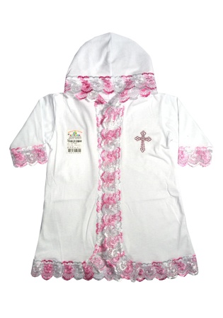 Состав:
Кулирка
Хлопок 100%
	Рубашка для крещения. С капюшоном и крестиком. На завязках, украшена кружевом. 