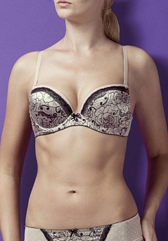 Состав:
Атласное полотно
ПЭ 97%,
ПУ 3%
Эластичная сетка
ПА 88%,
ПУ 12%
Кружево
ПА 90%,
ПУ 10%
	Бюстгальтер формы T-Shirt с формованной чашкой без Push-Up с небольшим уплотнением внутри, одинаковым для всех размеров. Детали бюстгальтера выпол