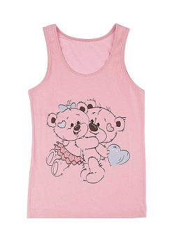 Состав:
Хлопок 95%
Эластан 5%
	Детская майка для девочки на широких бретелях. Спереди украшен рисунком. 