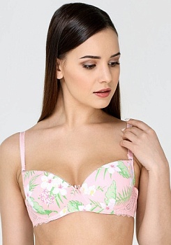 Состав:
Эластичное полотно
ПА 85%,
ПУ 15%
Кружево
ПА 90%,
ПУ 10%
	Бюстгальтер формы T-Shirt с формованной чашкой без Push-ap для всех размеров. Детали бюстгальтера выполнены из эластичного принтованного полотна и кружева, декорированы эластично