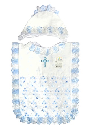 Состав:
Хлопок 50%
Полиэстер 50%
	Набор для крещения с вышивкой. В набор входит рубашка и чепчик. Цвета ассорти. 