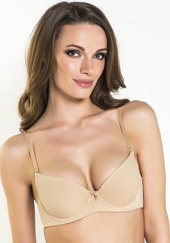 Состав: 
Эластичное полотно
ПА 84%,
ПУ 16%
	Гладкий бюстгальтер T-Shirt с формованными чашечками без Push-up для всех размеров. Детали бюстгальтера выполнены из эластичного полотна. Центральная деталь декорирована атласным бантиком. Бретели эласти