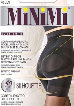 Состав: 
Полиамид 82%,
Эластан 18%
	Эластичные колготки плотностью 40 ден, с завышенной талией, с моделирующими шортами-корсетом плотностью 140 ден на силиконовой основе, утягивающими живот и бедра, с эффектом PUSH UP. Обладают более серьезной степ