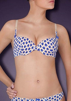 Состав:
Эластичное полотно
ПА 85%,
ПУ 15%
	Бюстгальтер классической формы с формованной чашкой с Push-Up для размеров 70AB, 75ABC, 80B и без Push-Up для размеров 70C, 75DE, 80CDE, 85BCD. Детали бюстгальтера выполнены из эластичного принтованного п