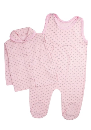 Состав:
Кулирка
Хлопок 100%
	Комплект ясельный. Состоит из двух предметов (кофточка + ползунки с грудкой). Кофточка на кнопочках с воротником, ползунки на кнопках, ножки закрытые.
