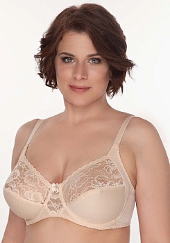 Состав:
Полиамид  93%
Эластан  7%
   Бюстгальтер из эластичного и неэластичного трикотажных полотен и кружева. На каркасах. Мягкие чашки с двойным членением и боковой корректирующей деталью. Отделка - бантик.