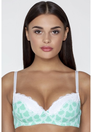 Состав:
Эластичное полотно
ПА 85%,
ПУ 15%
Кружево
ПА 90%,
ПУ 10%
	Бюстгальтер формы T-Shirt с формованной чашкой с небольшим мягким Push-ap для всех размеров. Детали бюстгальтера выполнены из эластичного принтованного полотна и декорированы эла