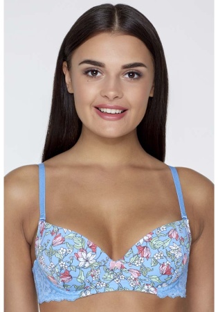 Состав:
Эластичное полотно
ПА 85%,
ПУ 15%
Кружево
ПА 90%,
ПУ 10%
	Бюстгальтер формы T-Shirt с формованной чашкой c небольшим мягким Push-ap для всех размеров. Детали бюстгальтера выполнены из эластичного принтованного полотна и кружева. Централ