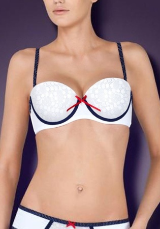 Состав:
Полотно
Хлопок 95%,
ПУ 5%
Кружево
ПА 90%,
ПУ 10%
	Бюстгальтер-балконет с формованной чашкой с Push-up для размеров 70АВ,75АВС,80В и без Push-up для размеров 70C, 75DE, 80CDE, 85BCD. Детали бюстгальтера выполнены из  эластичного хлопково