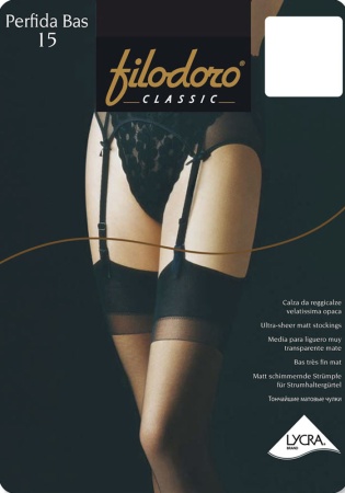 Состав:
Полиамид 83%, 
Эластан 17%
   Шелковистые матовые прозрачные чулки для ношения с поясом, с лайкрой, плотностью 15 ден. Носок двойной.