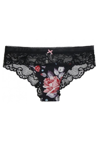 Состав:
Хлопок 95%
Эластан 5%
	Трусы однотонного черного цвета с рисунком и кружевом.