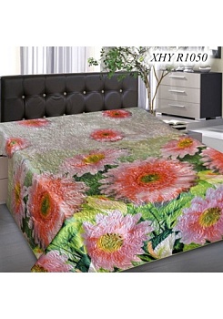 Состав:
1ая сторона - искусственный шелк, с модными дизайнами 3Д.
2ая сторона- белый спанбонд, нетканный материал.
Наполнитель - синтепон. 
	Покрывало 