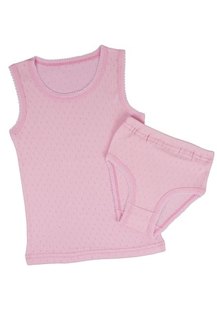 Состав:
Перфорация
Хлопок 100%
	Комплект белья для девочки. Состоит из двух предметов (майка + трусики).