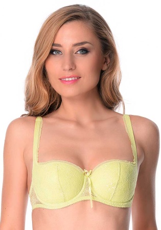 Состав:
Полиамид 60%
Хлопок 30%
Эластан 10%
     Бюстгальтер  из эластичного кружевного полотна, на каркасах. Чашки с вертикальным членением на дубляже с хлопком, с объемными вкладышами. Отделка — узкая декоративная вязаная тесьма в виде рюши и ба